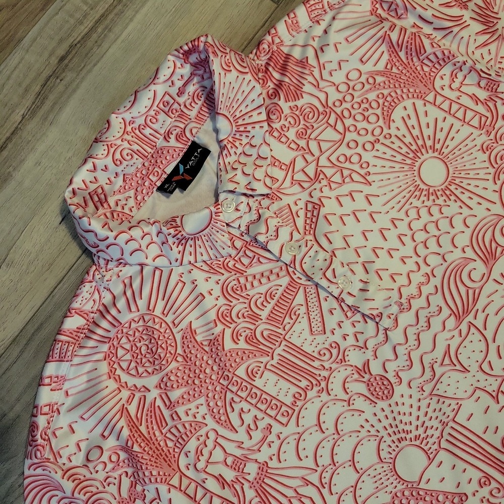 YATTA Shaka Life Hawaiian Tropical Golf Polo Shirt Mens XL‎ Pink Short Sleeve